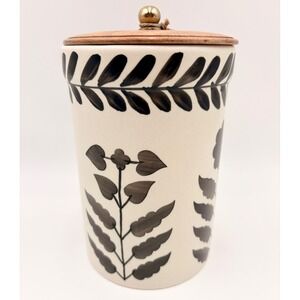 Hand Painted Ceramic Leaf Canister Wood Lid Gold Knob Cream Black Made in India